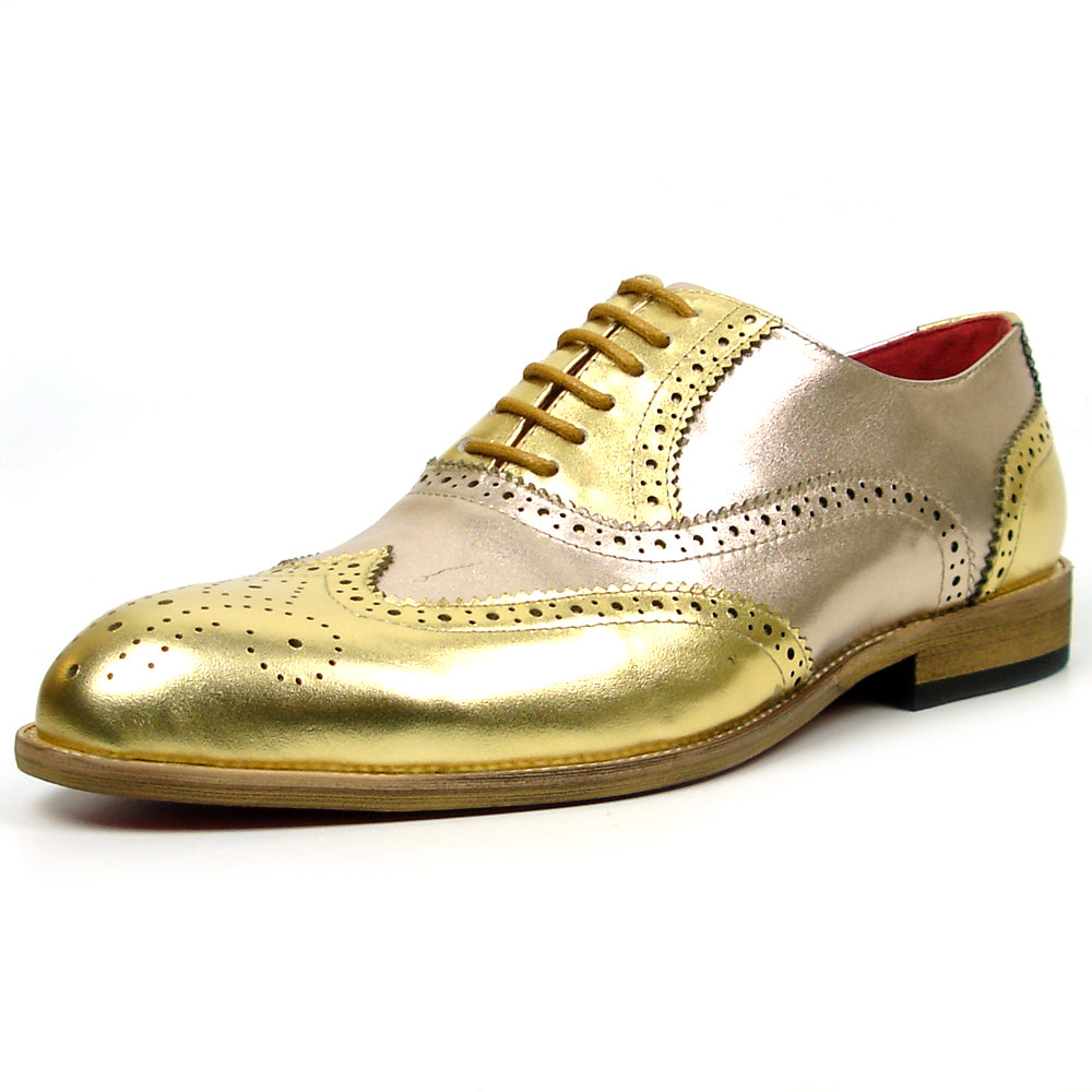The FI-7400 Gold Leather Wingtip Lace-Up by Fiesso features handcrafted leather, brogue detailing, pinked edges, and tan laces—a standout men's dress shoe shown on a white background for elevated style.