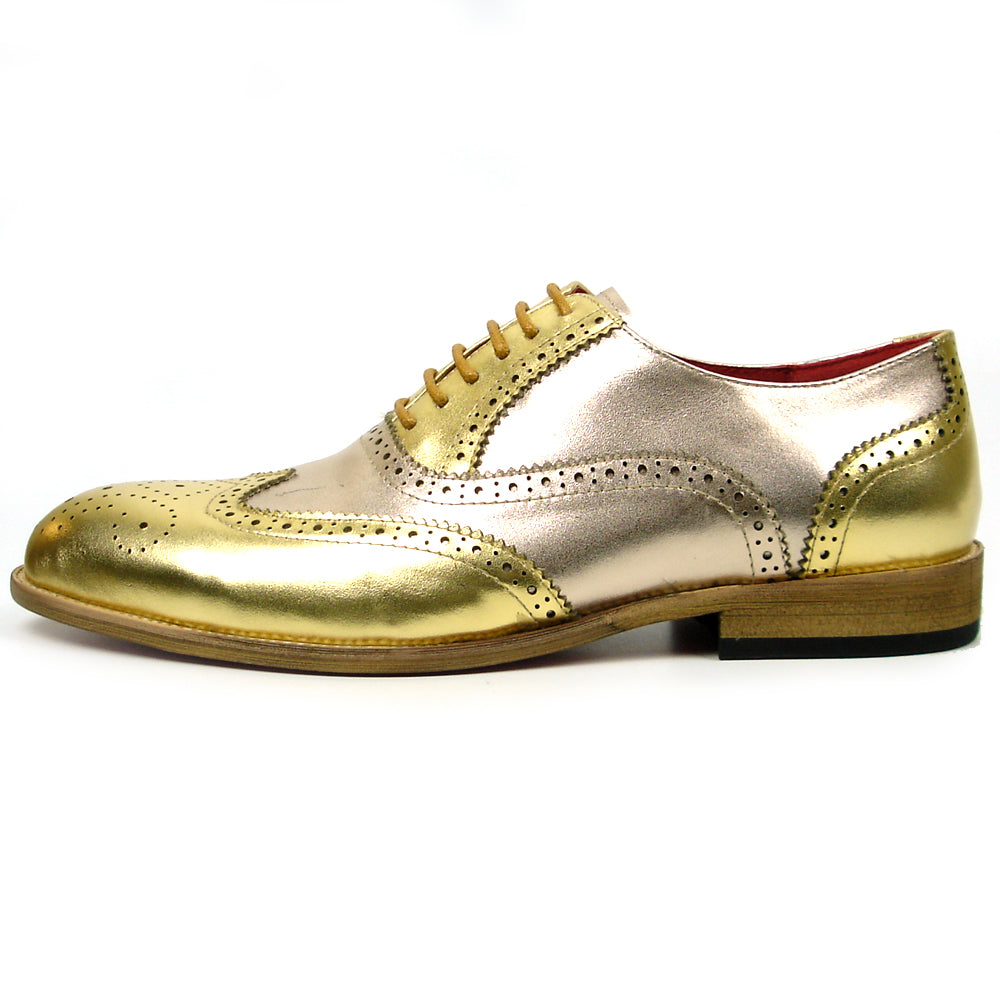 The FI-7400 Gold Leather Wingtip Lace-Up by Fiesso features handcrafted leather, brogue detailing, pinked edges, and tan laces—a standout men's dress shoe shown on a white background for elevated style.