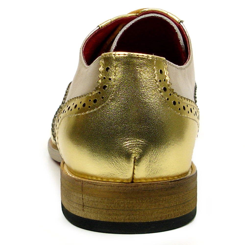 The FI-7400 Gold Leather Wingtip Lace-Up by Fiesso features handcrafted leather, brogue detailing, pinked edges, and tan laces—a standout men's dress shoe shown on a white background for elevated style.