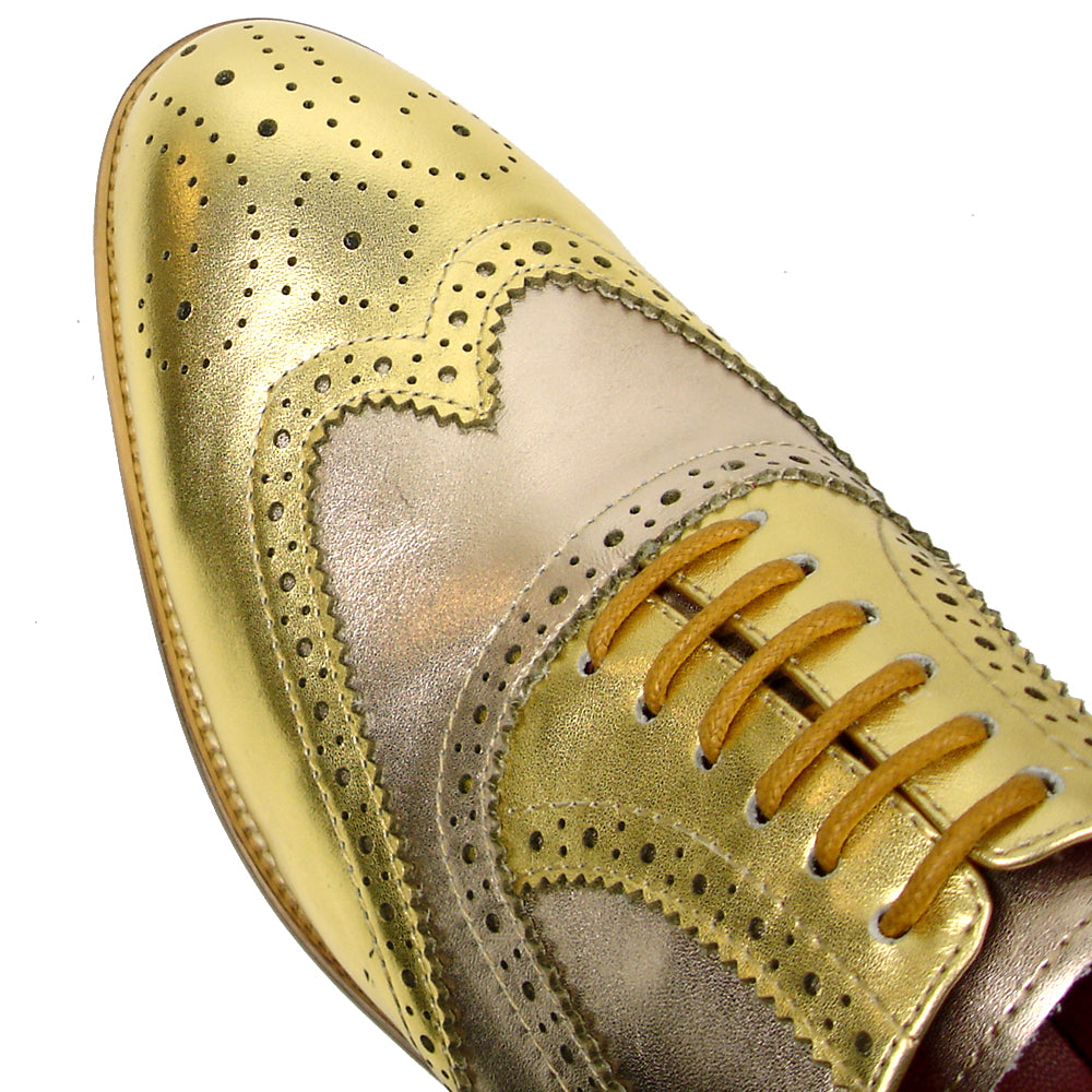The FI-7400 Gold Leather Wingtip Lace-Up by Fiesso features handcrafted leather, brogue detailing, pinked edges, and tan laces—a standout men's dress shoe shown on a white background for elevated style.