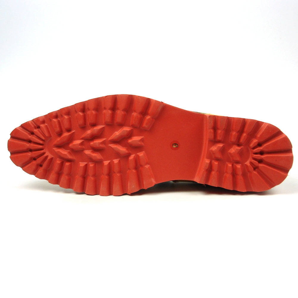 The FI-7455 Brown Cap Toe Spikes Slip On by Fiesso features gold spikes on a brown toe, animal print sides, red interior and sole, plus a bold blue stripe—a striking, handcrafted leather loafer for standout men’s style.