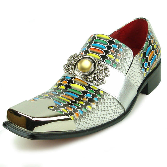 Introducing the Fiesso FI-7512 White Multicolor Snake Print Metal Tip—a men’s dress shoe that features a striking multicolored snakeskin pattern, metallic silver accents including a stylish metal tip, and a pointed square toe. Expertly crafted by Fiesso, these standout shoes are perfect for those seeking bold and fashionable men’s footwear.