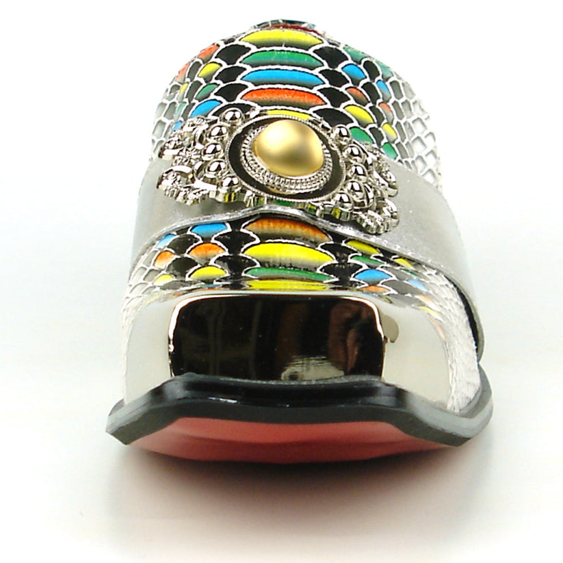 Introducing the Fiesso FI-7512 White Multicolor Snake Print Metal Tip—a men’s dress shoe that features a striking multicolored snakeskin pattern, metallic silver accents including a stylish metal tip, and a pointed square toe. Expertly crafted by Fiesso, these standout shoes are perfect for those seeking bold and fashionable men’s footwear.