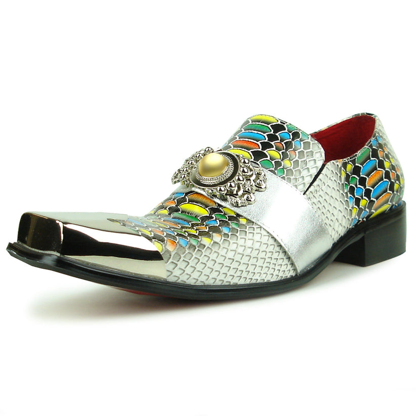 Introducing the Fiesso FI-7512 White Multicolor Snake Print Metal Tip—a men’s dress shoe that features a striking multicolored snakeskin pattern, metallic silver accents including a stylish metal tip, and a pointed square toe. Expertly crafted by Fiesso, these standout shoes are perfect for those seeking bold and fashionable men’s footwear.