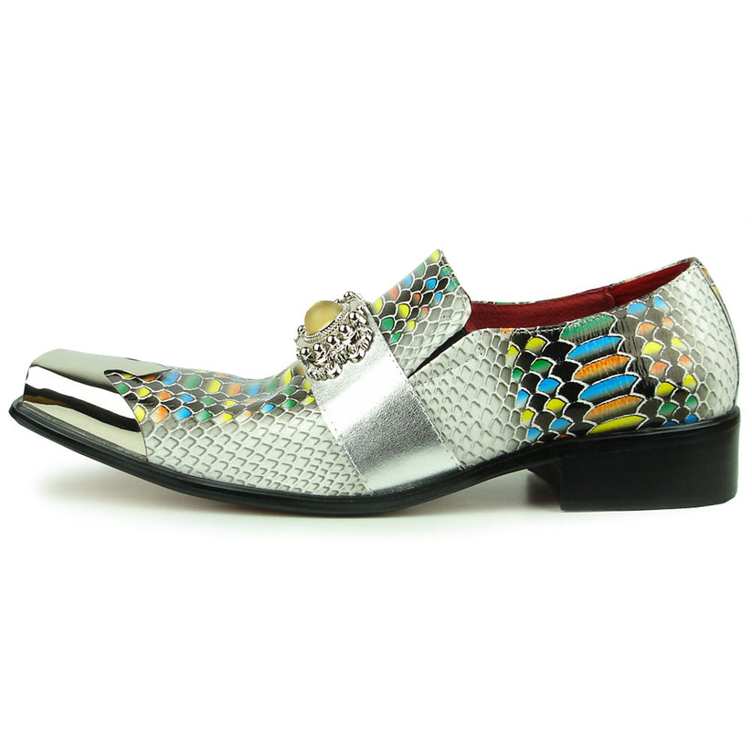Introducing the Fiesso FI-7512 White Multicolor Snake Print Metal Tip—a men’s dress shoe that features a striking multicolored snakeskin pattern, metallic silver accents including a stylish metal tip, and a pointed square toe. Expertly crafted by Fiesso, these standout shoes are perfect for those seeking bold and fashionable men’s footwear.