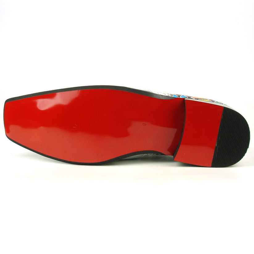 Introducing the Fiesso FI-7512 White Multicolor Snake Print Metal Tip—a men’s dress shoe that features a striking multicolored snakeskin pattern, metallic silver accents including a stylish metal tip, and a pointed square toe. Expertly crafted by Fiesso, these standout shoes are perfect for those seeking bold and fashionable men’s footwear.