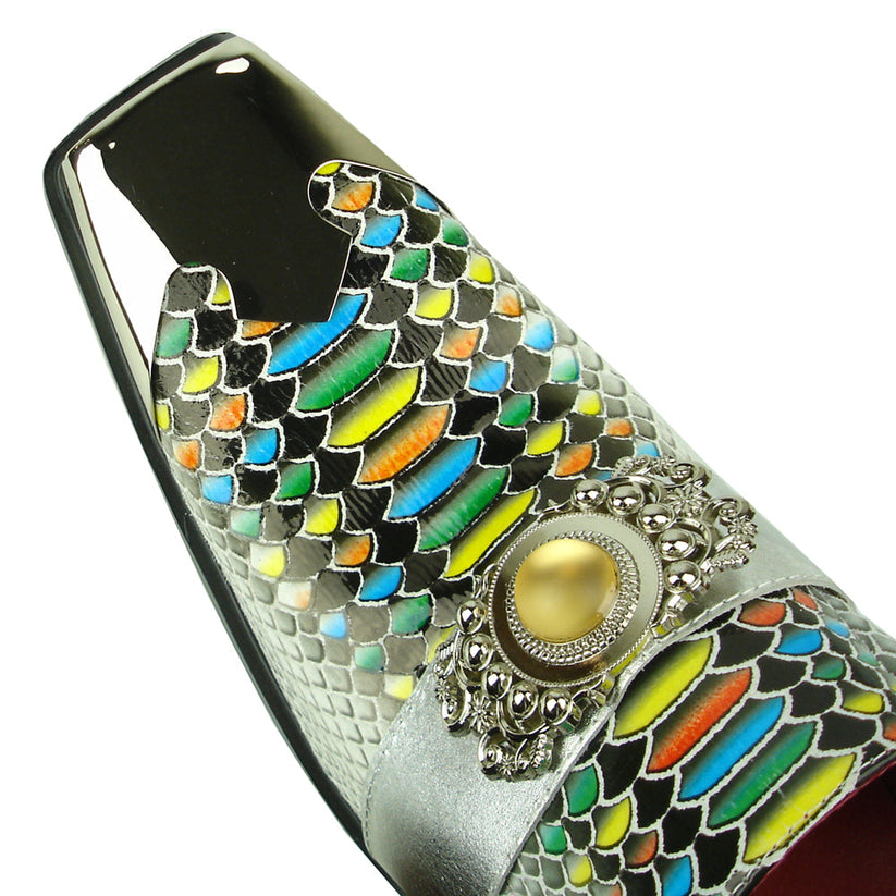 Introducing the Fiesso FI-7512 White Multicolor Snake Print Metal Tip—a men’s dress shoe that features a striking multicolored snakeskin pattern, metallic silver accents including a stylish metal tip, and a pointed square toe. Expertly crafted by Fiesso, these standout shoes are perfect for those seeking bold and fashionable men’s footwear.