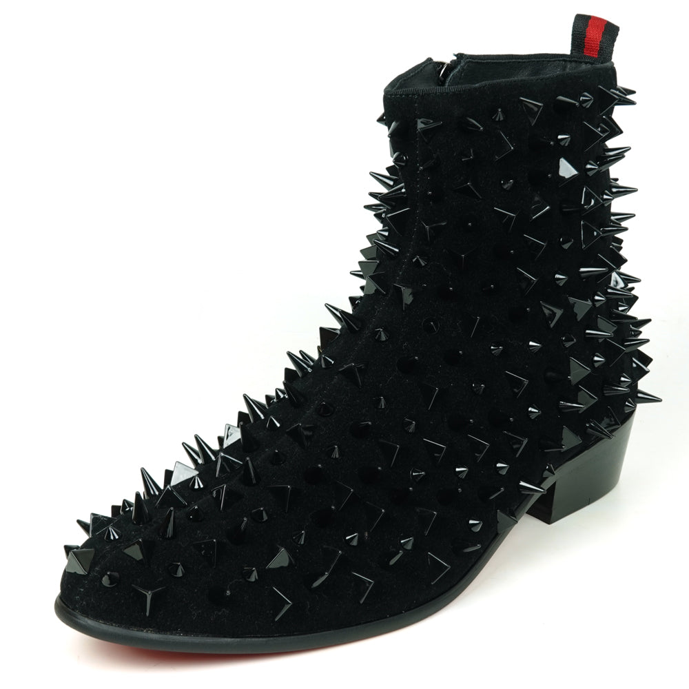 The FI-7527-S Black Suede Black Spikes Boot by Fiesso is a men's ankle boot featuring black suede, numerous black spikes, and a red-and-black pull tab—an edgy statement piece crafted from premium leather.