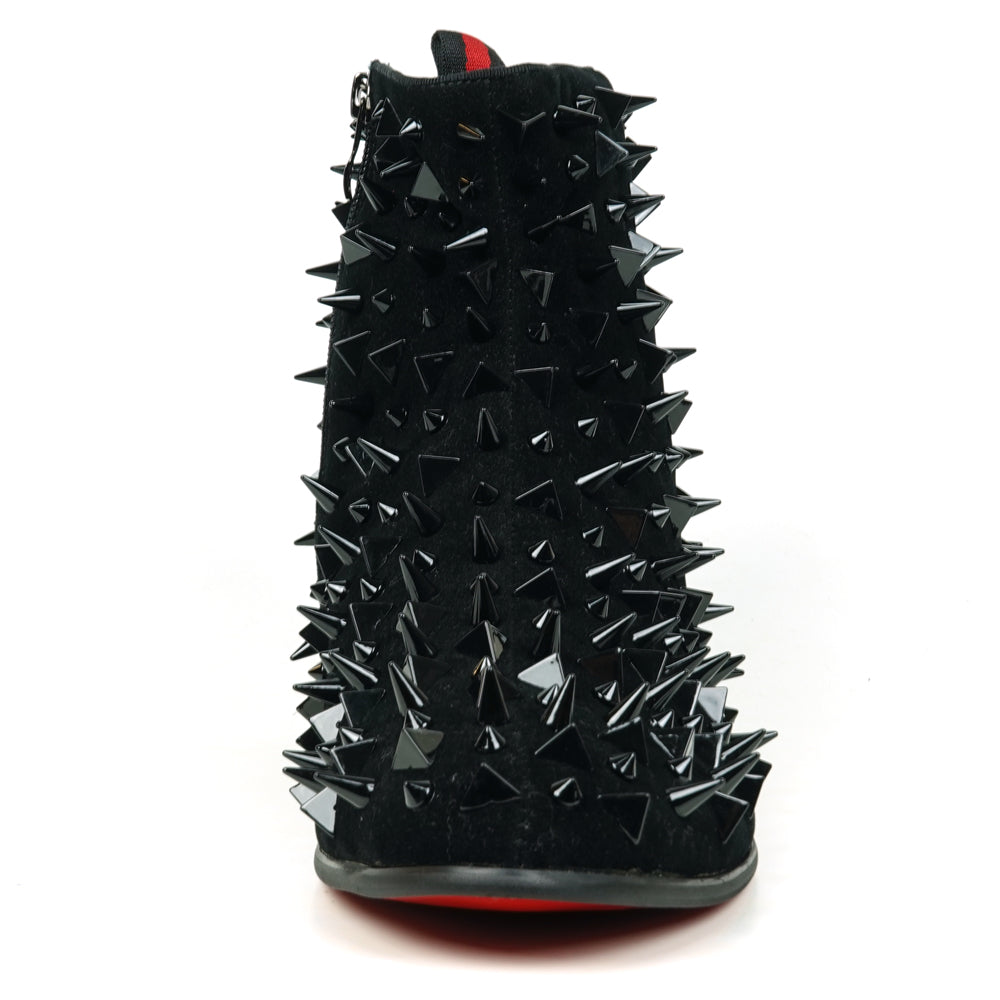 The FI-7527-S Black Suede Black Spikes Boot by Fiesso is a men's ankle boot featuring black suede, numerous black spikes, and a red-and-black pull tab—an edgy statement piece crafted from premium leather.