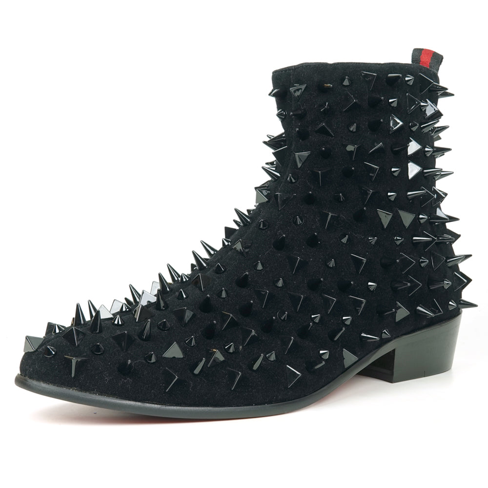 The FI-7527-S Black Suede Black Spikes Boot by Fiesso is a men's ankle boot featuring black suede, numerous black spikes, and a red-and-black pull tab—an edgy statement piece crafted from premium leather.