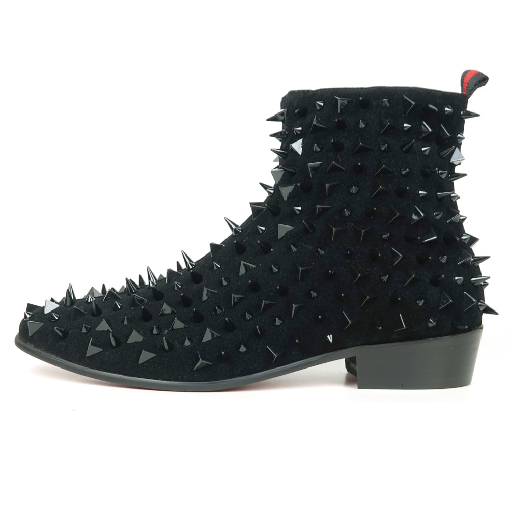 The FI-7527-S Black Suede Black Spikes Boot by Fiesso is a men's ankle boot featuring black suede, numerous black spikes, and a red-and-black pull tab—an edgy statement piece crafted from premium leather.