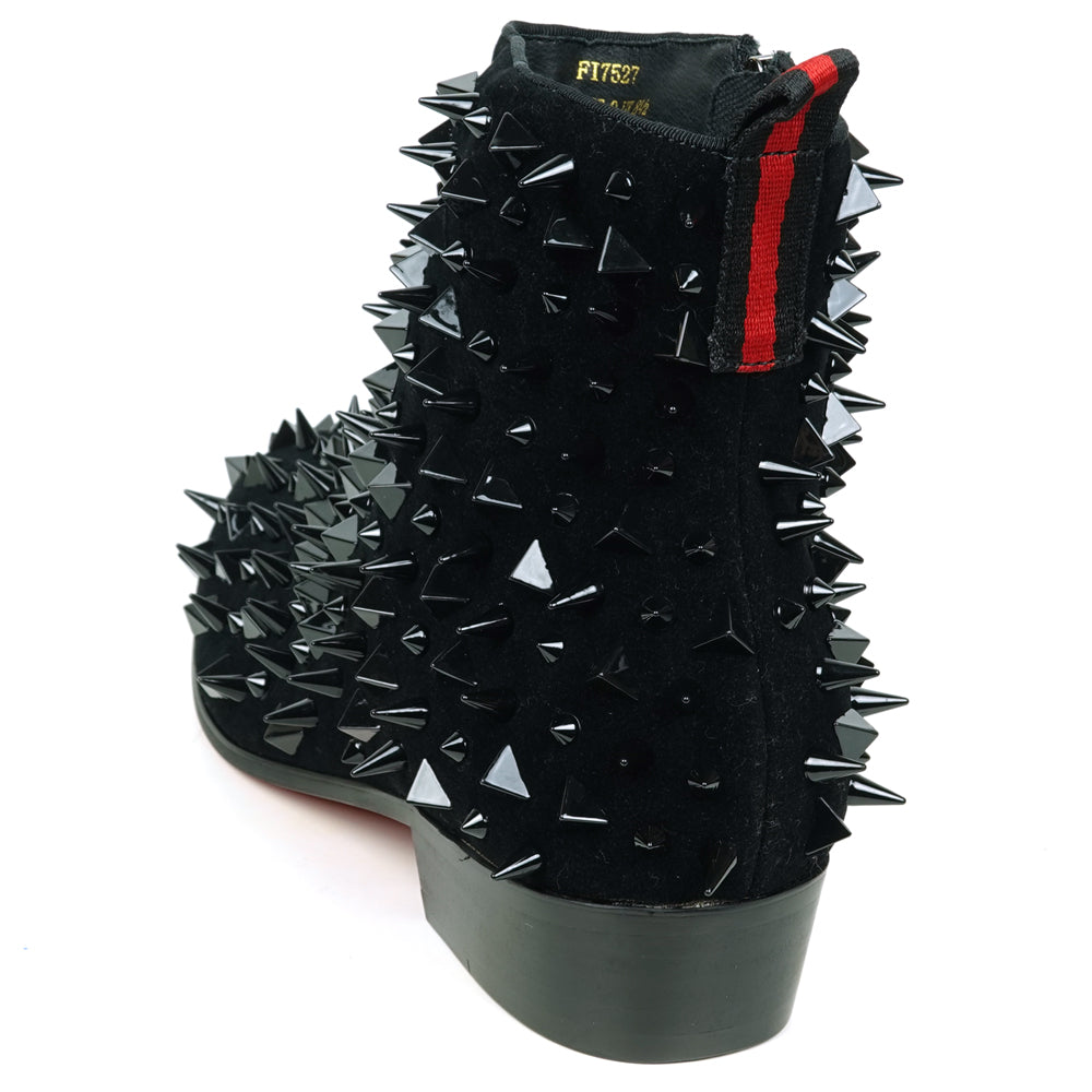 The FI-7527-S Black Suede Black Spikes Boot by Fiesso is a men's ankle boot featuring black suede, numerous black spikes, and a red-and-black pull tab—an edgy statement piece crafted from premium leather.