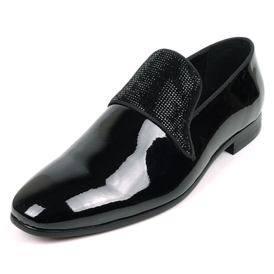 The FI-7549 Black Patent Black Rhinestones Slip on Loafer by Fiesso features a low heel and textured upper, adding refined style to men's formal attire.