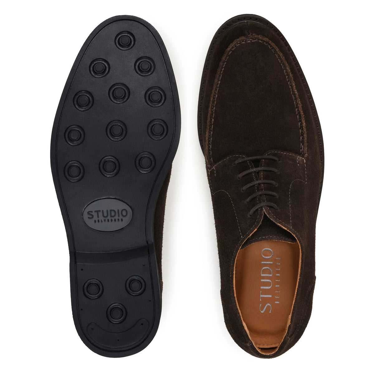Belvedere - Franco, Suede Leather Upper Shoes in dark brown with a split-toe derby design and a thick black rubber sole.