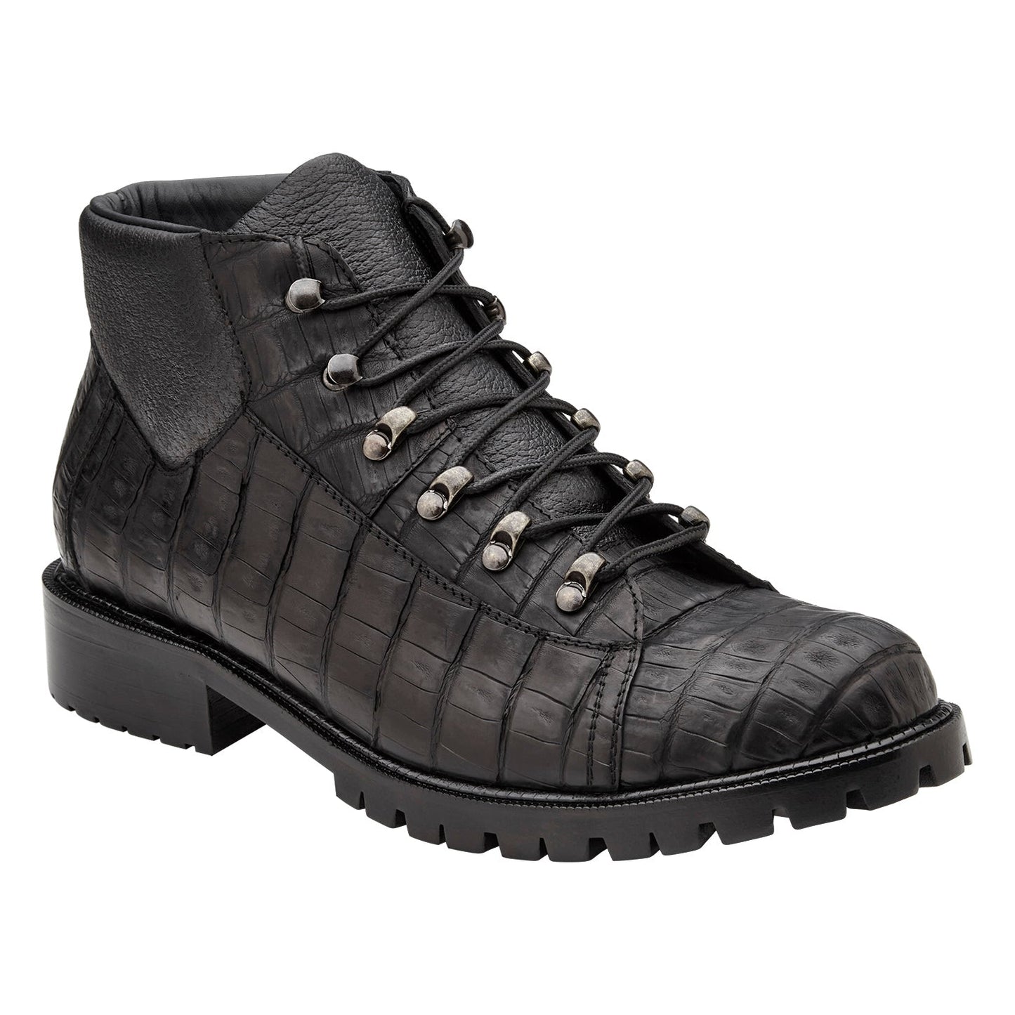 BELVEDERE Felipe - Black Oiled Genuine Caiman Crocodile Boots (CB06) feature metal eyelets, hiking-style lace hooks, and a chunky tread sole, shown in a side view.