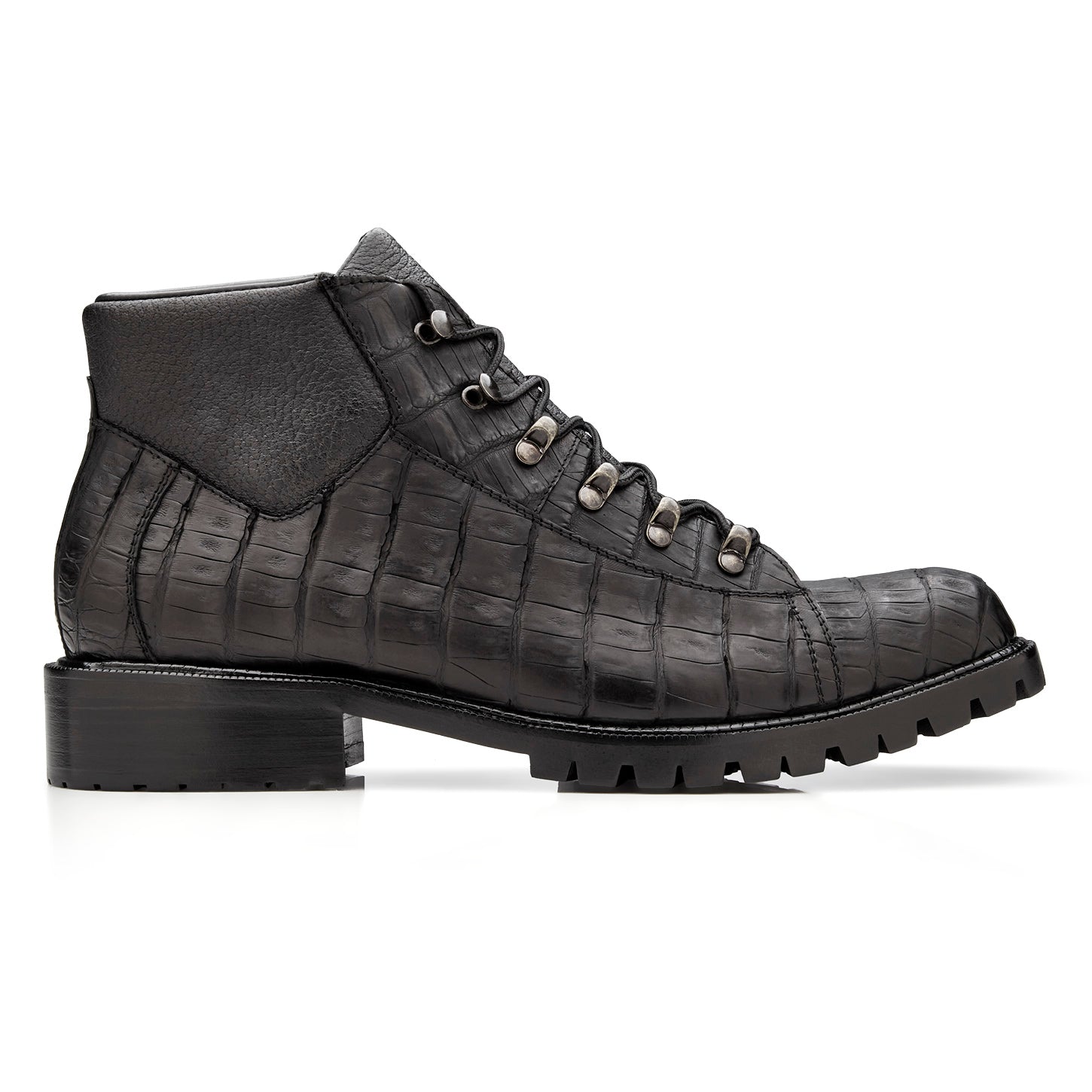 BELVEDERE Felipe - Black Oiled Genuine Caiman Crocodile Boots (CB06) feature metal eyelets, hiking-style lace hooks, and a chunky tread sole, shown in a side view.