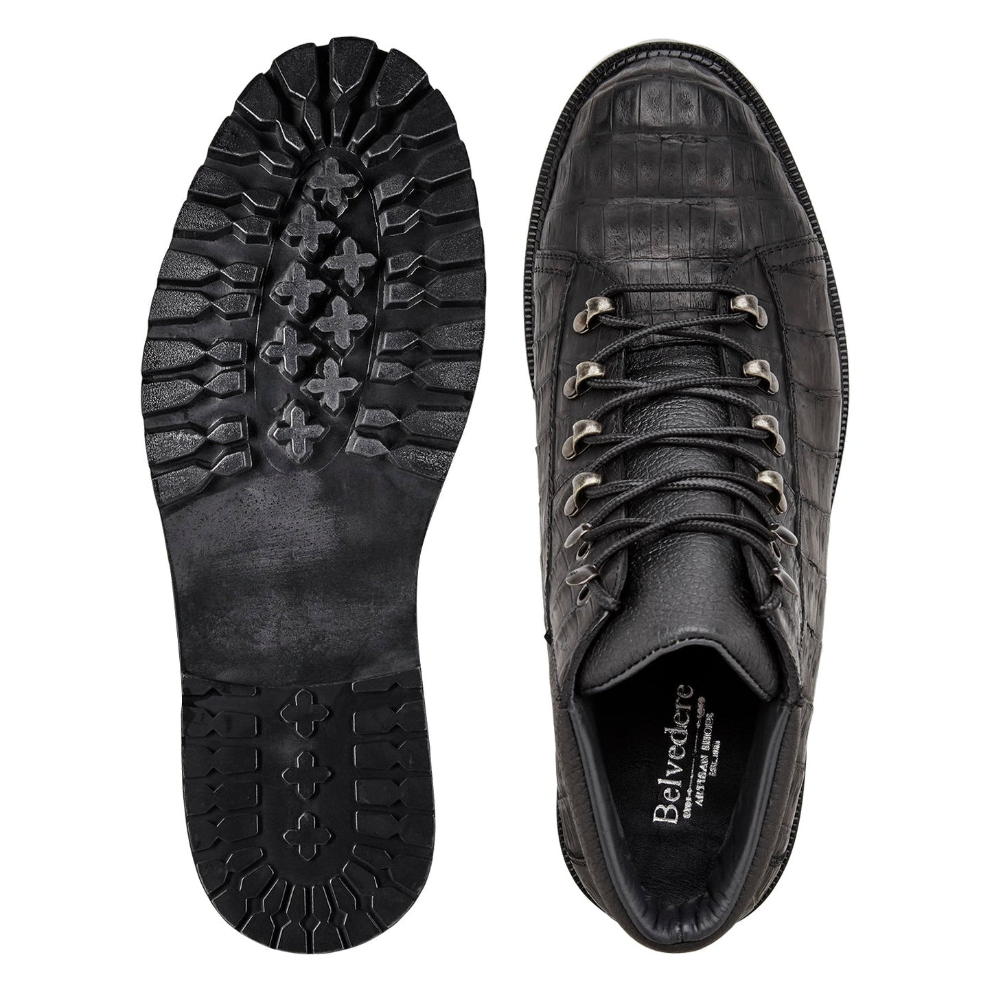 BELVEDERE Felipe - Black Oiled Genuine Caiman Crocodile Boots (CB06) feature metal eyelets, hiking-style lace hooks, and a chunky tread sole, shown in a side view.