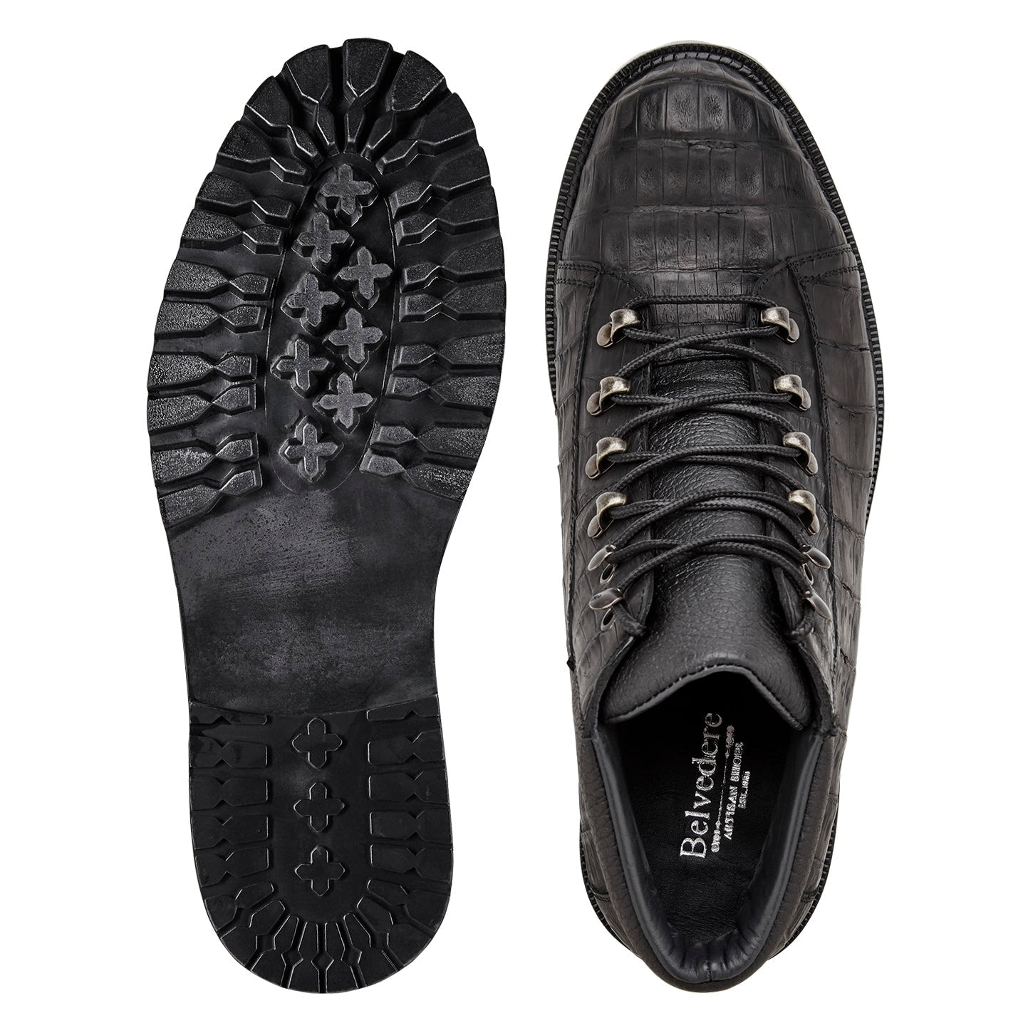BELVEDERE Felipe - Black Oiled Genuine Caiman Crocodile Boots (CB06) feature metal eyelets, hiking-style lace hooks, and a chunky tread sole, shown in a side view.