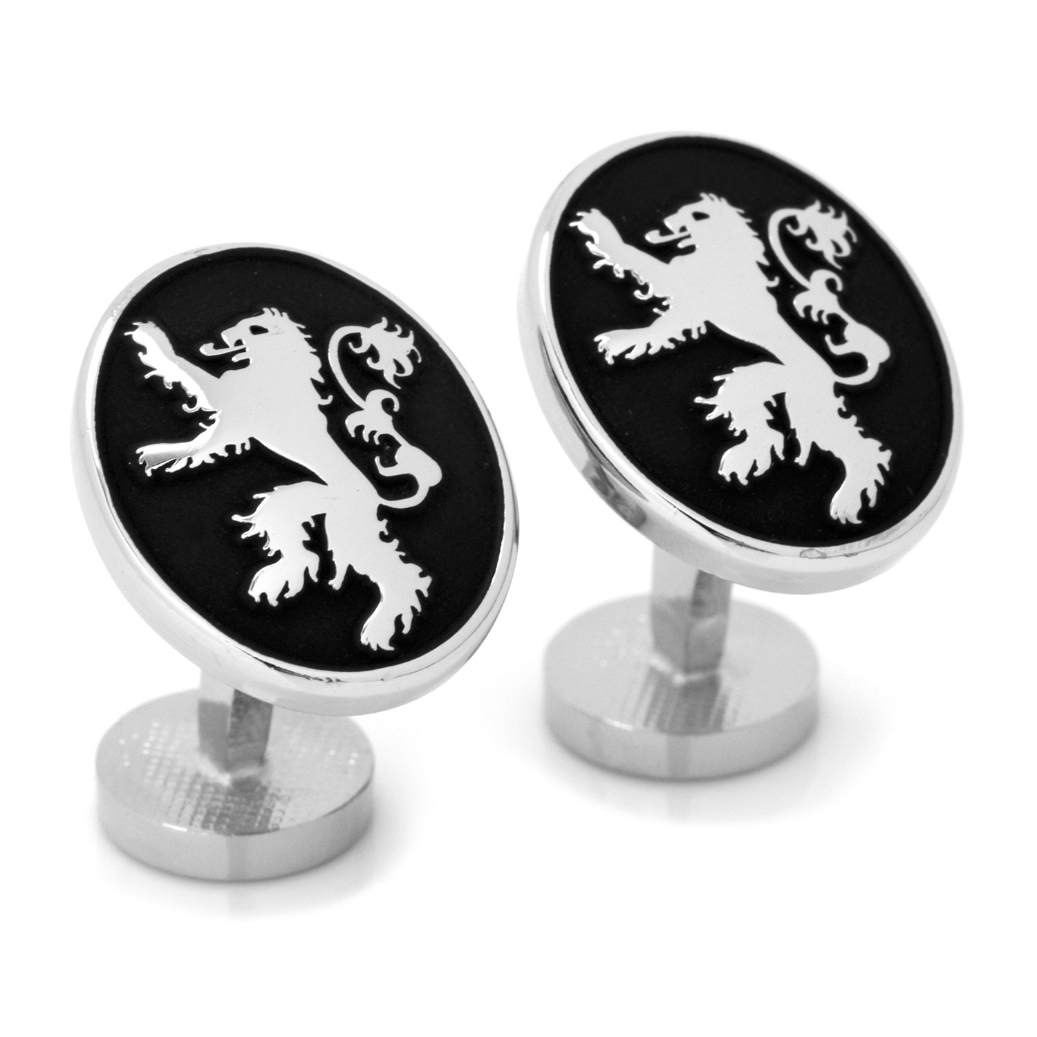 Game of Thrones House Lannister Cufflinks by Cufflinks.com feature a black and white lion emblem on the front and "Game of Thrones" engraved on the back.