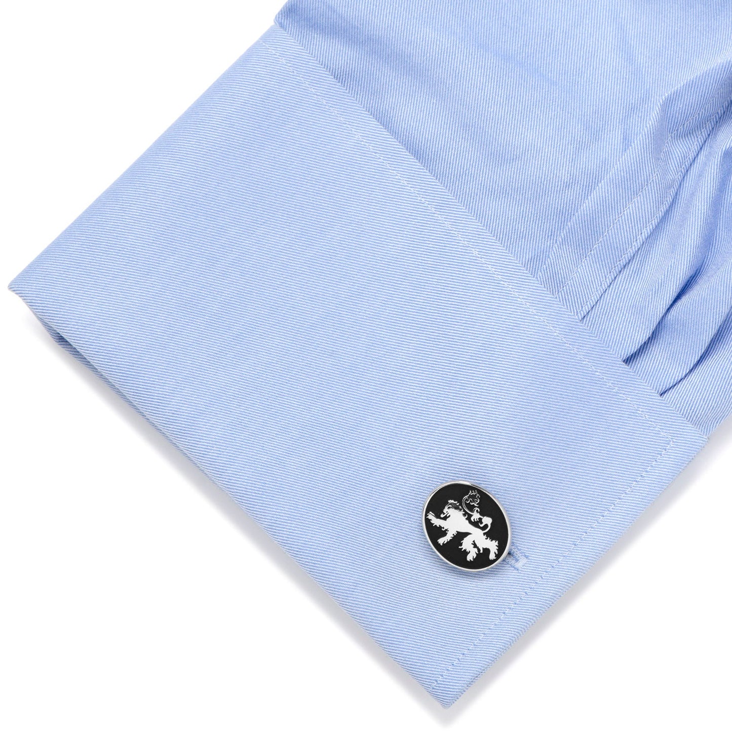 Game of Thrones House Lannister Cufflinks by Cufflinks.com feature a black and white lion emblem on the front and "Game of Thrones" engraved on the back.