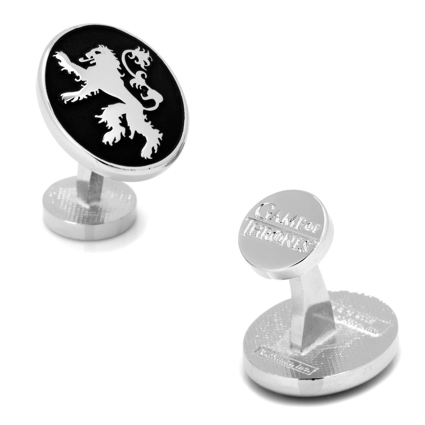 Game of Thrones House Lannister Cufflinks by Cufflinks.com feature a black and white lion emblem on the front and "Game of Thrones" engraved on the back.