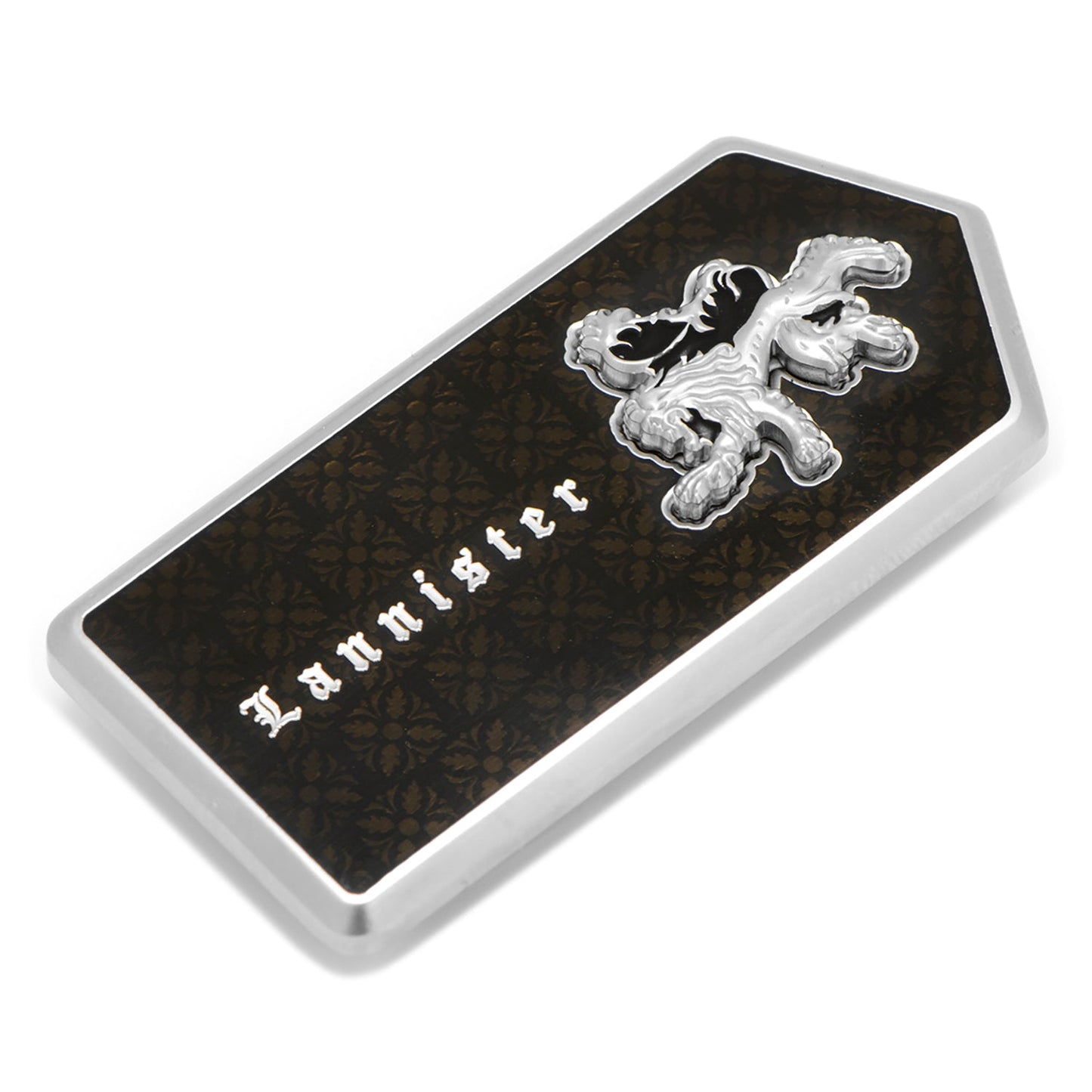The Game of Thrones Lannister Filigree Money Clip by Cufflinks.com is a rectangular, metallic accessory with a black filigree pattern, silver lion emblem, and "Lannister" in white medieval-style text.