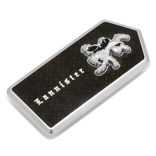 The Game of Thrones Lannister Filigree Money Clip by Cufflinks.com is a rectangular, metallic accessory with a black filigree pattern, silver lion emblem, and "Lannister" in white medieval-style text.