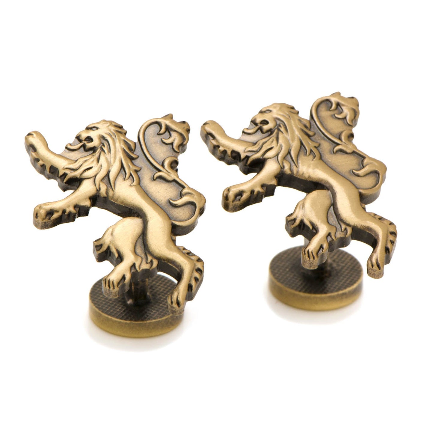 Game of Thrones Lannister Lion Sigil Cufflinks by Cufflinks.com—bronze-toned, lion-shaped, and engraved with "Game of Thrones" on the back—ideal for fans seeking elegant sigil-themed accessories.