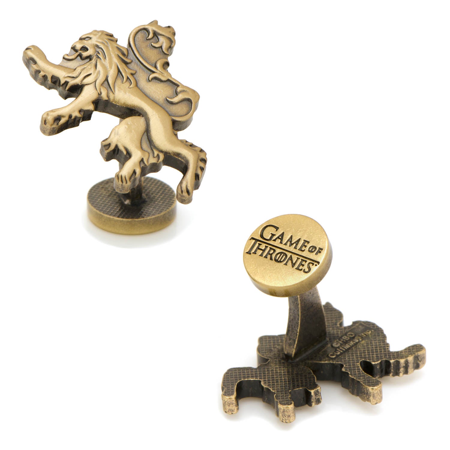 Game of Thrones Lannister Lion Sigil Cufflinks by Cufflinks.com—bronze-toned, lion-shaped, and engraved with "Game of Thrones" on the back—ideal for fans seeking elegant sigil-themed accessories.
