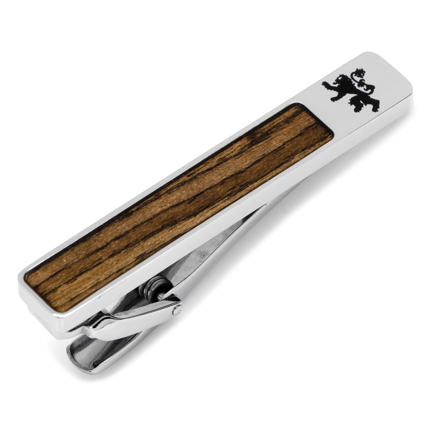 The Game of Thrones Lannister Inlaid Wood Tie Clip by Cufflinks.com, featuring a bold black lion sigil on a wooden inlay, is displayed on a white background.