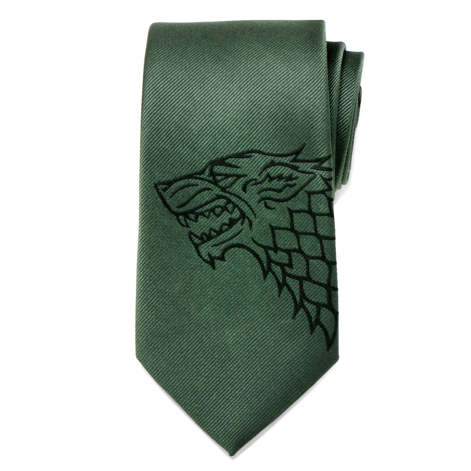 The Game of Thrones Stark Direwolf Green Men's Tie by Cufflinks.com features an embroidered direwolf, making it a stylish accessory for any House Stark fan.