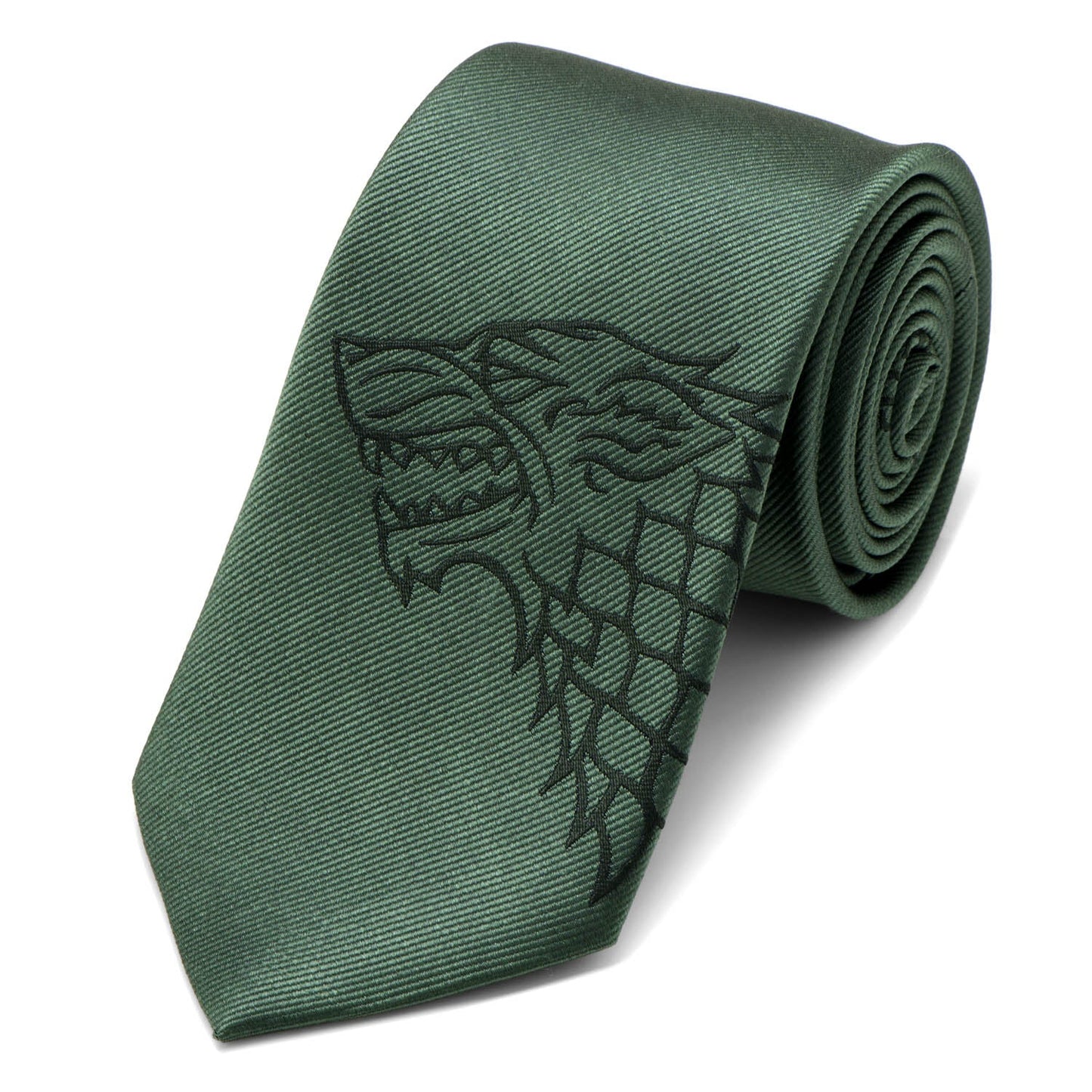 The Game of Thrones Stark Direwolf Green Men's Tie by Cufflinks.com features an embroidered direwolf, making it a stylish accessory for any House Stark fan.
