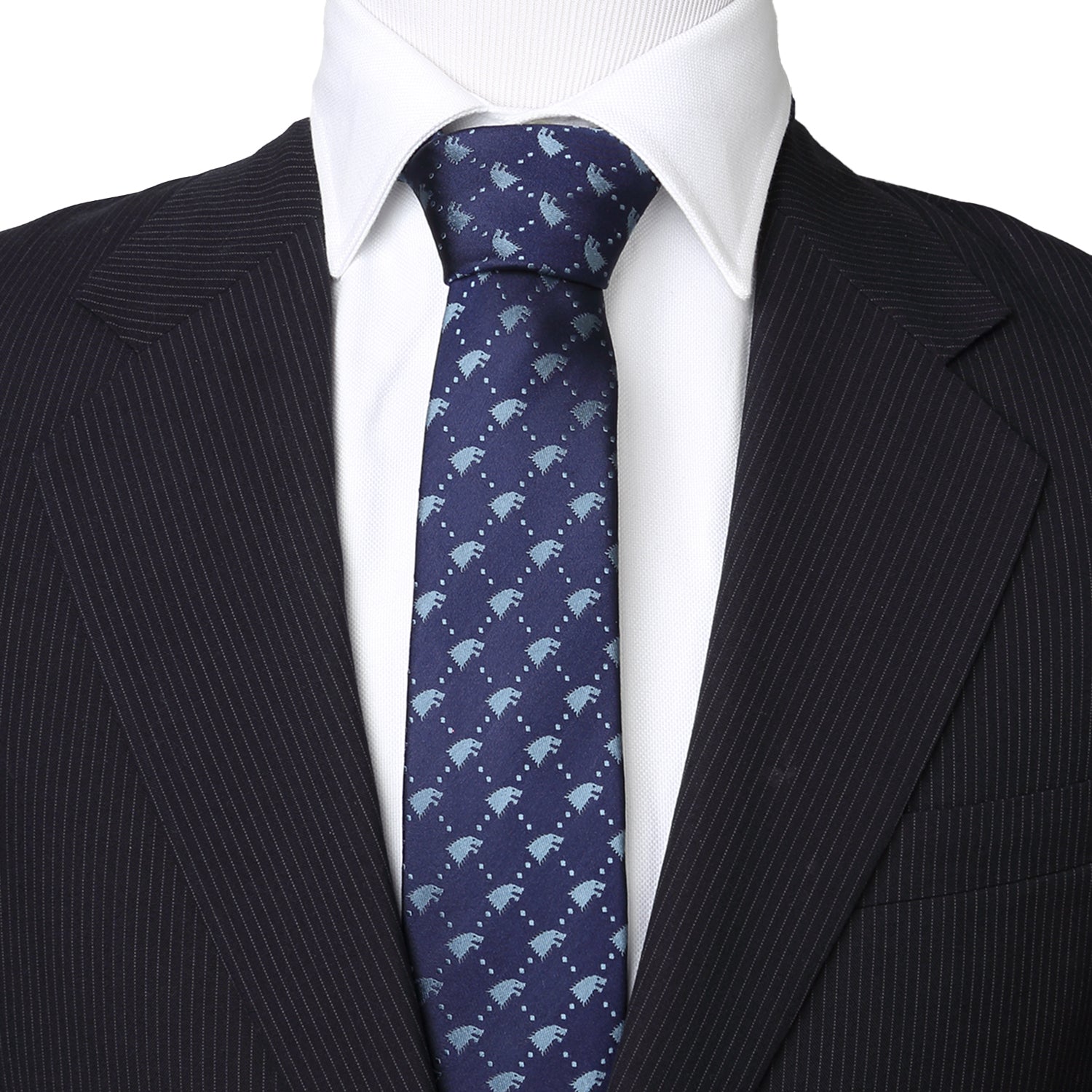 The Game of Thrones Stark Direwolf Men's Tie by Cufflinks.com is a rolled-up navy blue silk tie featuring a repeating pattern of small, light blue direwolves.