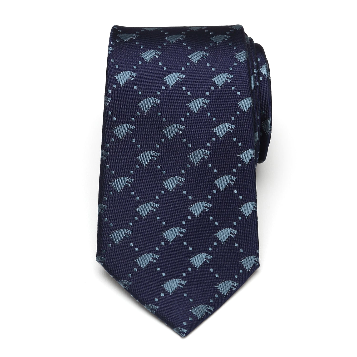 The Game of Thrones Stark Direwolf Men's Tie by Cufflinks.com is a rolled-up navy blue silk tie featuring a repeating pattern of small, light blue direwolves.