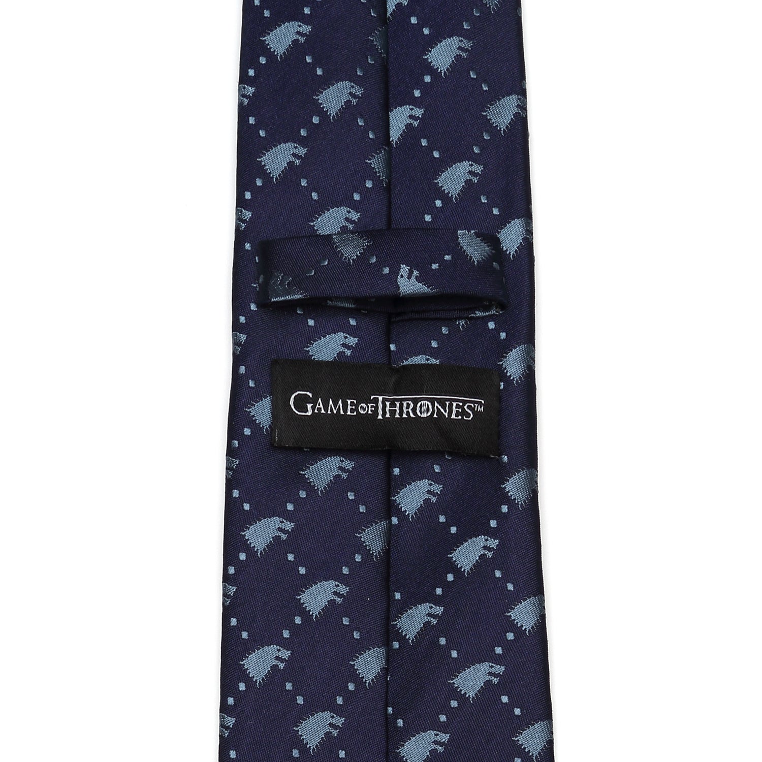 The Game of Thrones Stark Direwolf Men's Tie by Cufflinks.com is a rolled-up navy blue silk tie featuring a repeating pattern of small, light blue direwolves.