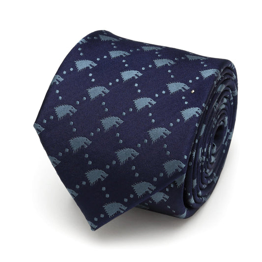 The Game of Thrones Stark Direwolf Men's Tie by Cufflinks.com is a rolled-up navy blue silk tie featuring a repeating pattern of small, light blue direwolves.