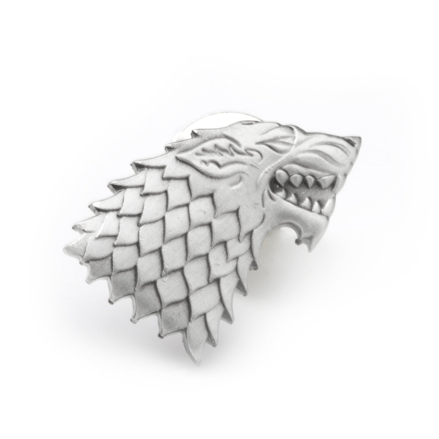 The Game of Thrones Stark Direwolf Antiqued Lapel Pin by Cufflinks.com features a detailed wolf's head, making it the ideal collectible for any House Stark or Game of Thrones fan.