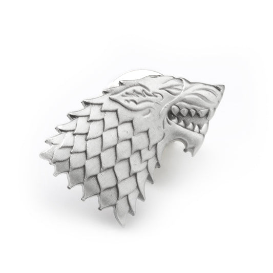 The Game of Thrones Stark Direwolf Antiqued Lapel Pin by Cufflinks.com features a detailed wolf's head, making it the ideal collectible for any House Stark or Game of Thrones fan.