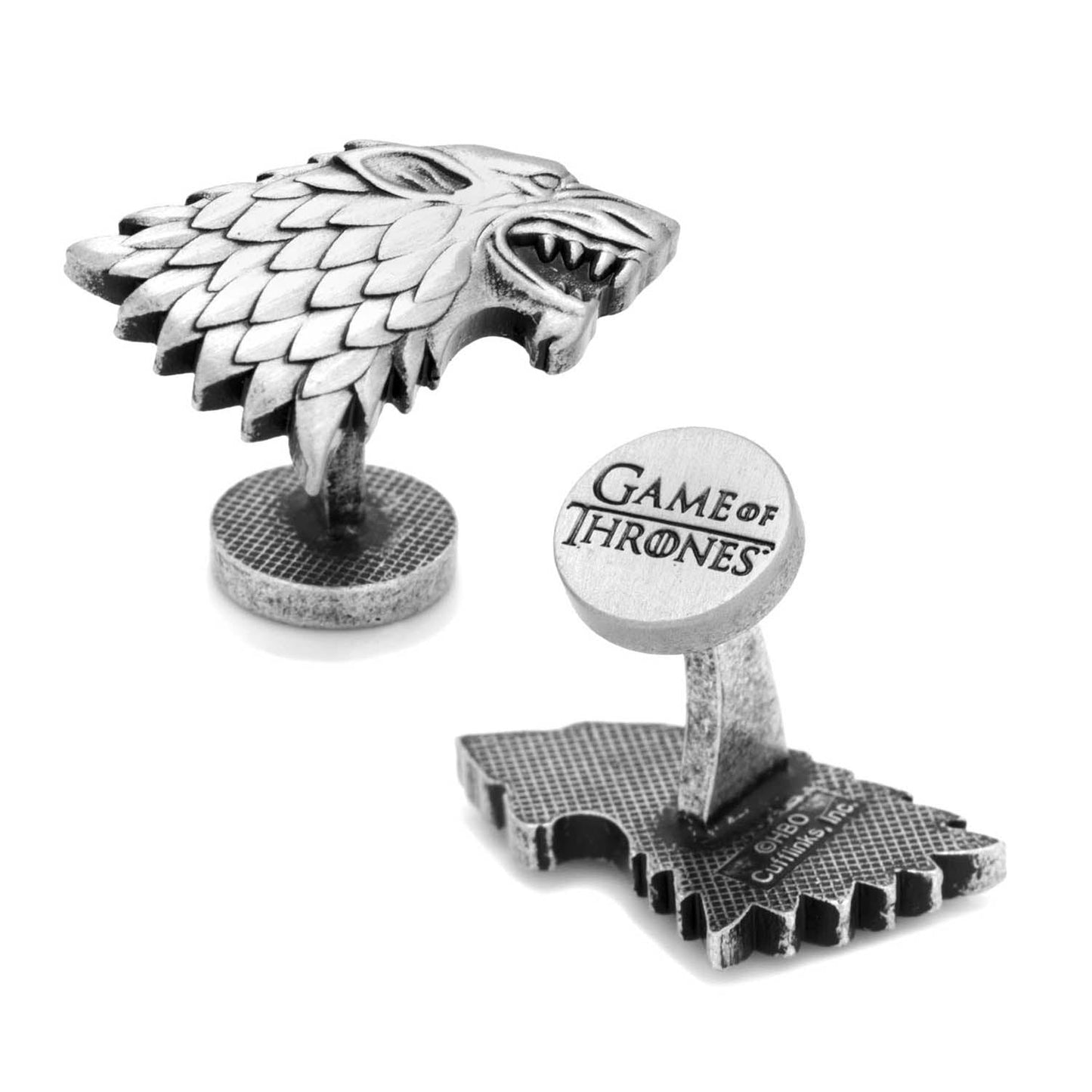 Display your loyalty with Cufflinks.com's Game of Thrones Stark Direwolf Sigil Cufflinks, featuring the iconic direwolf design—plus, one cufflink showcases the official "Game of Thrones" logo on the back for true fans.