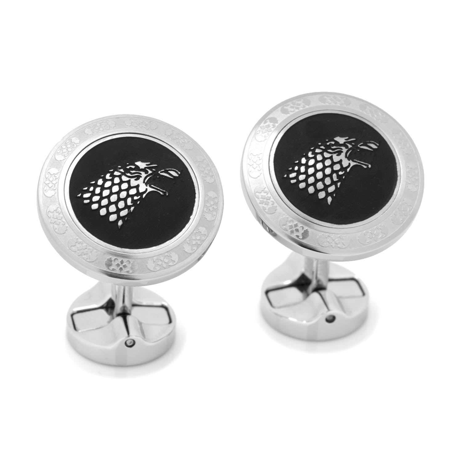 The Game of Thrones Stark Filigree Stainless Steel Cufflinks by Cufflinks.com showcase the direwolf sigil on one side and "Game of Thrones" engraved on the other—an ideal gift for any fan.