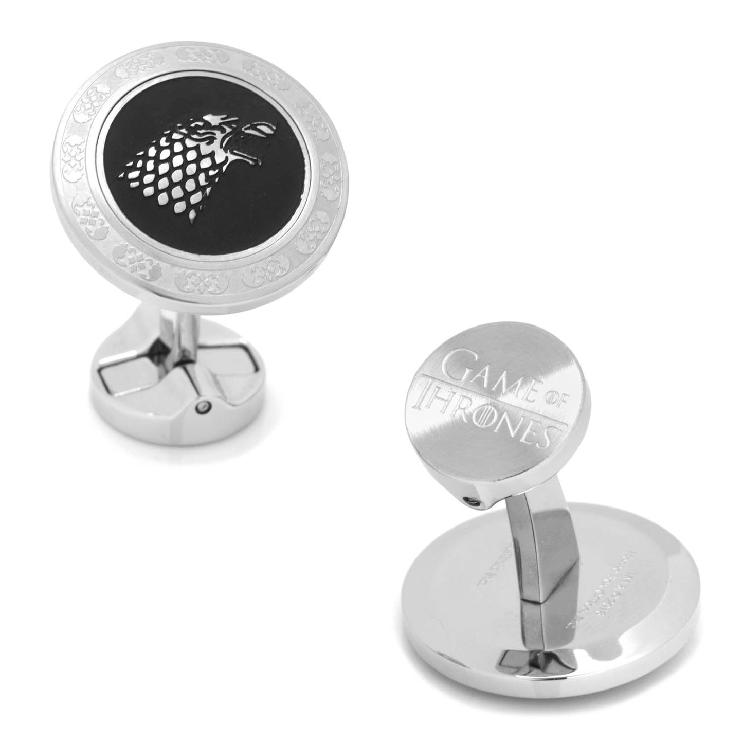 The Game of Thrones Stark Filigree Stainless Steel Cufflinks by Cufflinks.com showcase the direwolf sigil on one side and "Game of Thrones" engraved on the other—an ideal gift for any fan.