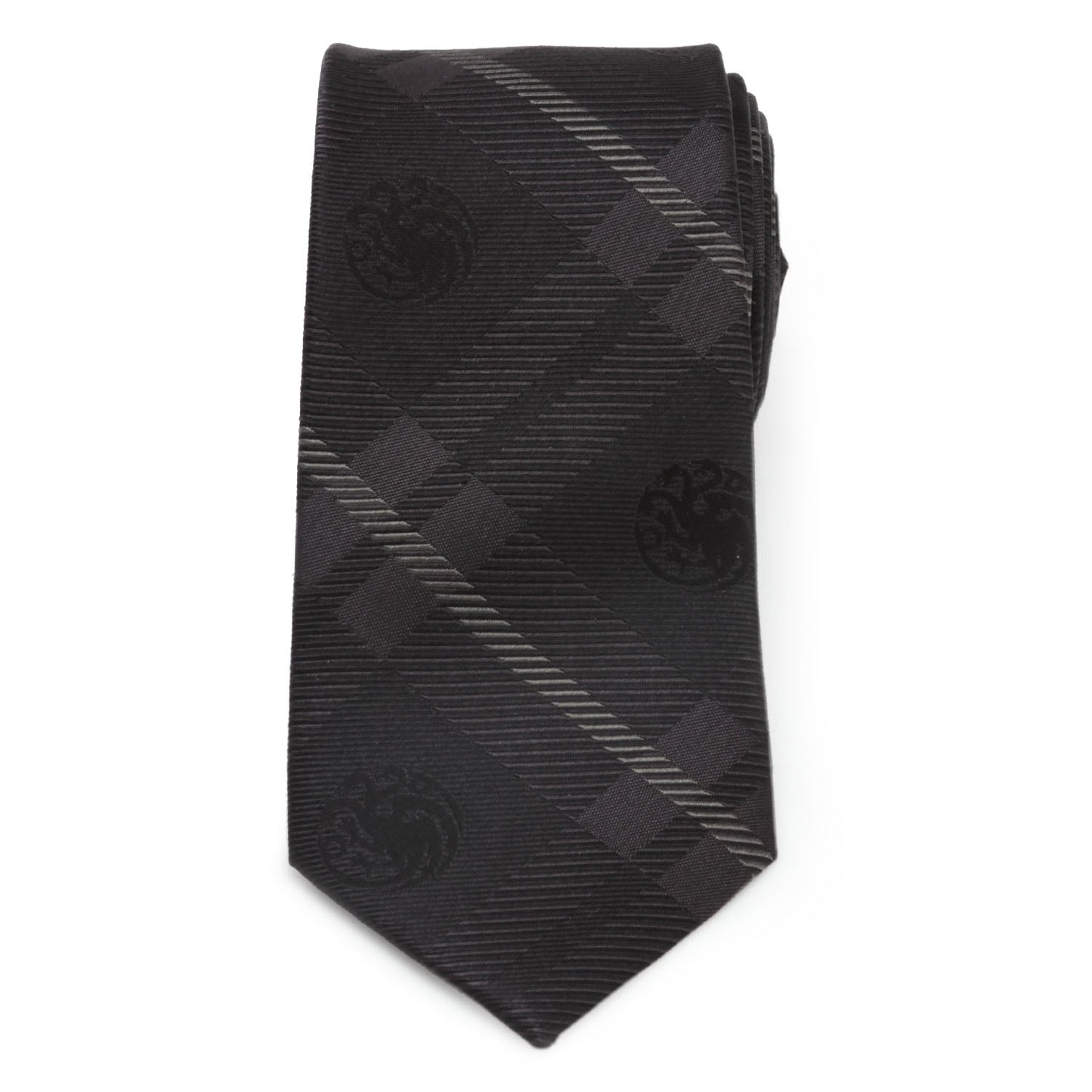 The Game of Thrones Targaryen Dragon Black Plaid Silk Men's Tie by Cufflinks.com features a subtle plaid pattern and faint dragon emblems, making it a refined accessory inspired by House Targaryen.