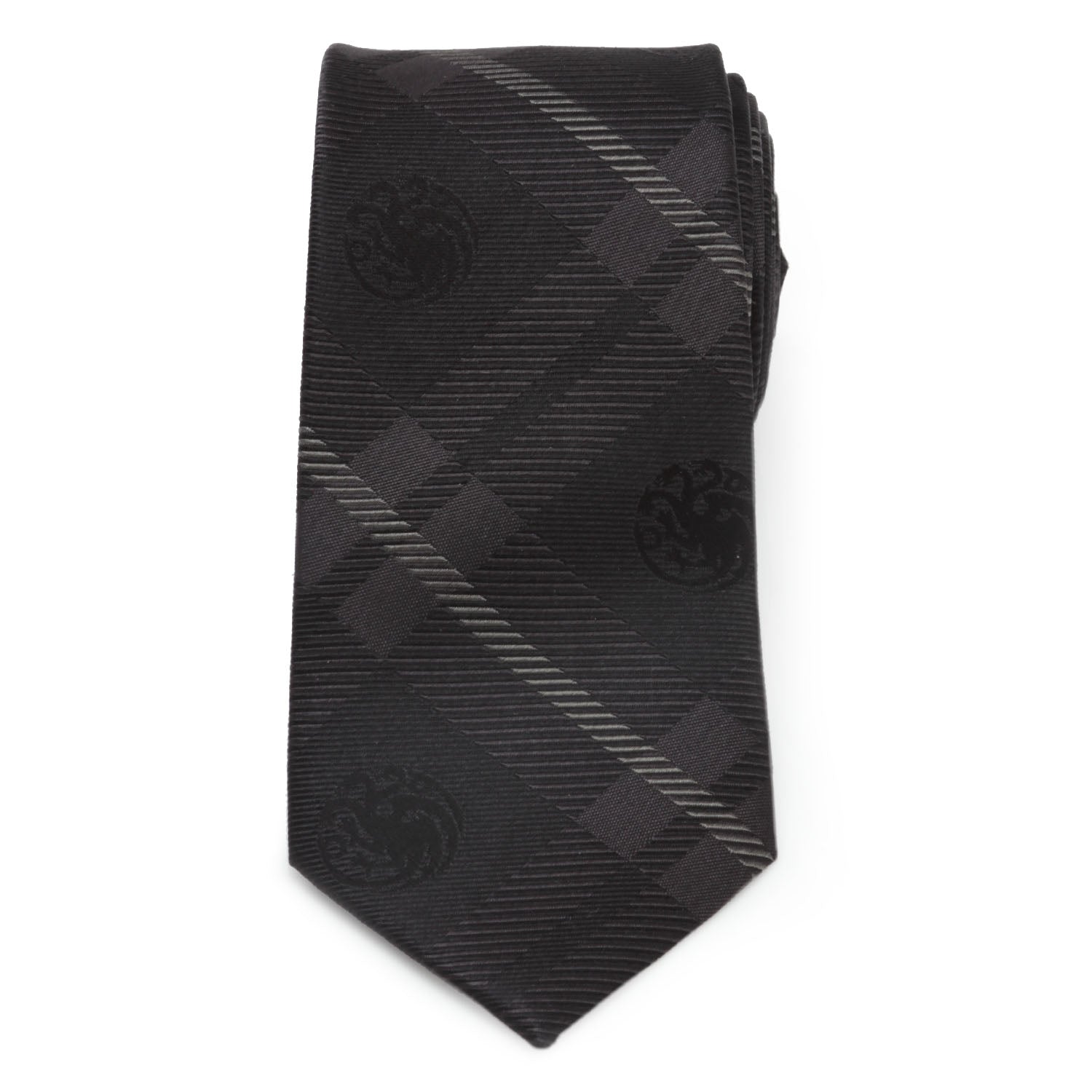 The Game of Thrones Targaryen Dragon Black Plaid Silk Men's Tie by Cufflinks.com features a subtle plaid pattern and faint dragon emblems, making it a refined accessory inspired by House Targaryen.