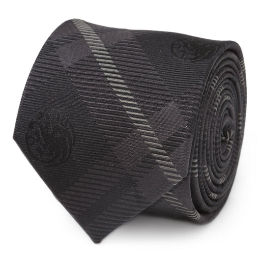 The Game of Thrones Targaryen Dragon Black Plaid Silk Men's Tie by Cufflinks.com features a subtle plaid pattern and faint dragon emblems, making it a refined accessory inspired by House Targaryen.