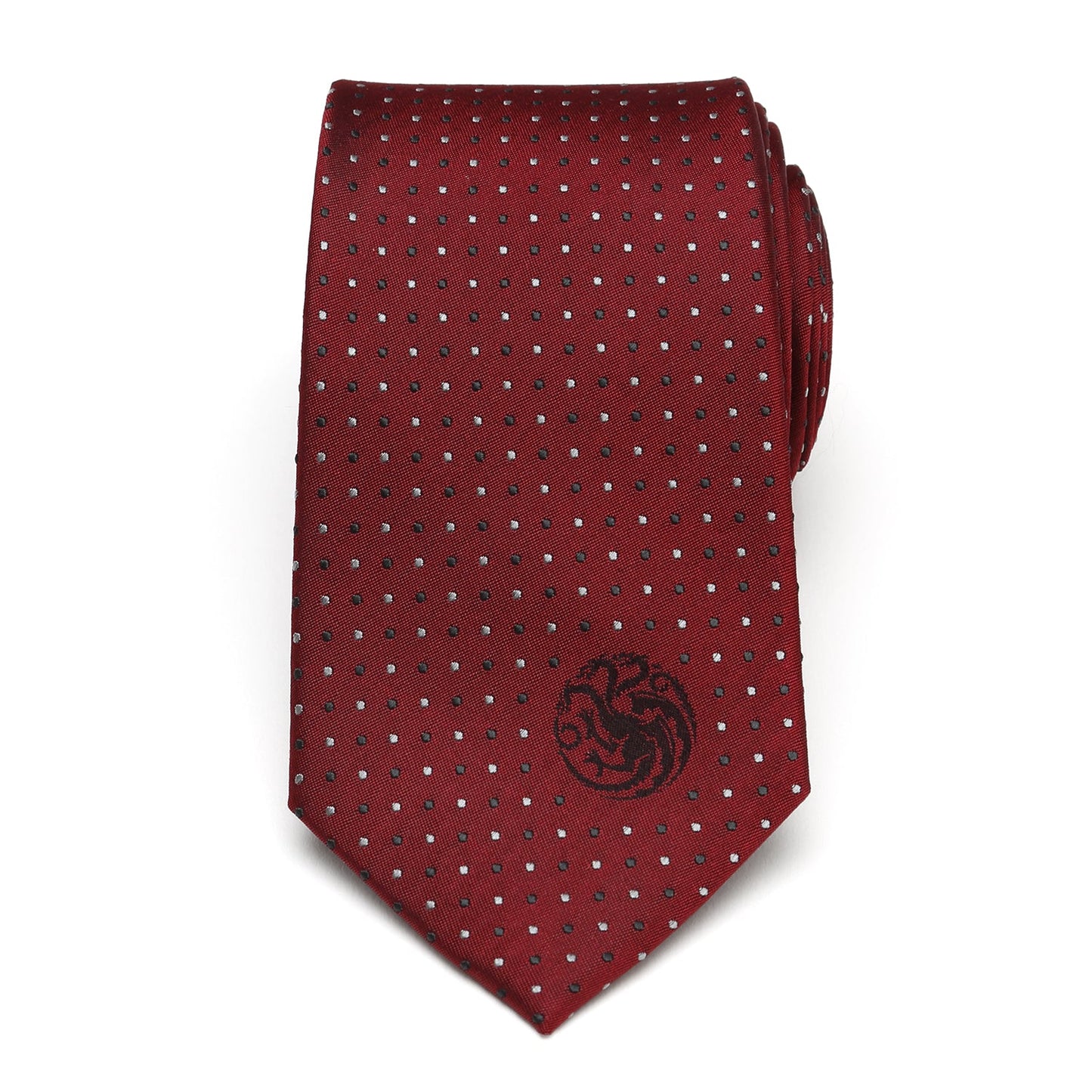 The Game of Thrones Targaryen Dragon Sigil Men's Tie by Cufflinks.com is a rolled-up red tie featuring small white polka dots and a black dragon emblem on the front.