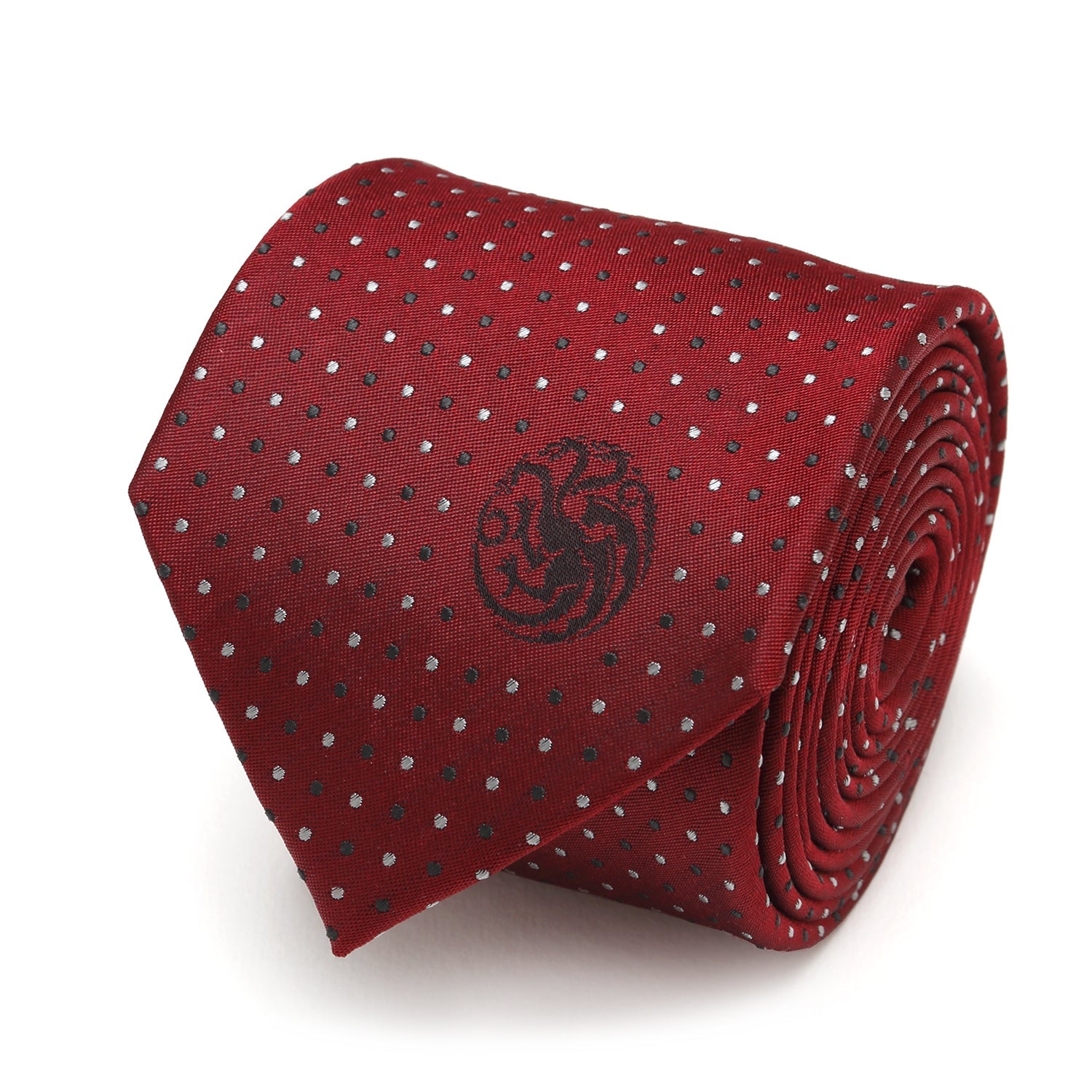 The Game of Thrones Targaryen Dragon Sigil Men's Tie by Cufflinks.com is a rolled-up red tie featuring small white polka dots and a black dragon emblem on the front.