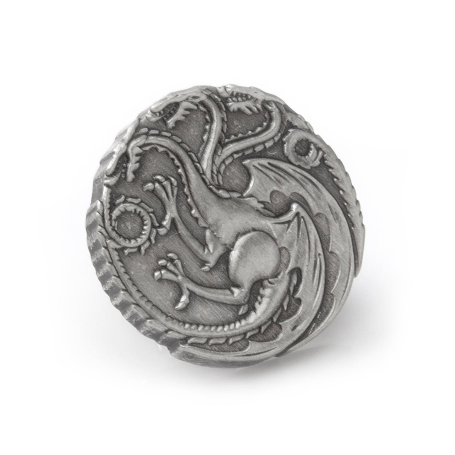The Game of Thrones Targaryen Dragon Antiqued Lapel Pin by Cufflinks.com features a raised three-headed dragon with wings against a textured background—the perfect House Targaryen accessory for fans and collectors.