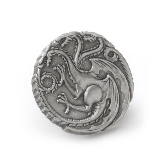 The Game of Thrones Targaryen Dragon Antiqued Lapel Pin by Cufflinks.com features a raised three-headed dragon with wings against a textured background—the perfect House Targaryen accessory for fans and collectors.