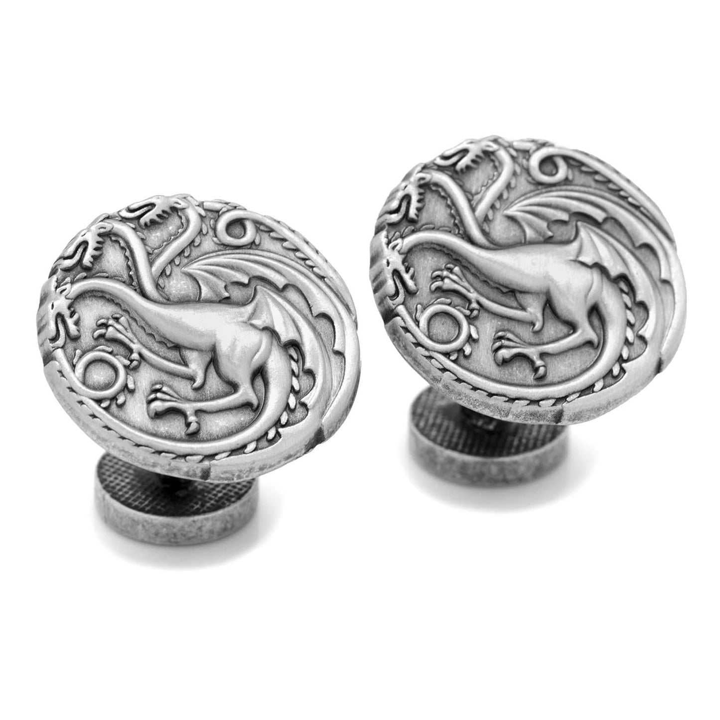 Game of Thrones Targaryen Three Headed Dragon Sigil Cufflinks by Cufflinks.com; one cufflink features the raised dragon sigil, while the other displays the show's logo with subtle copyright text below.