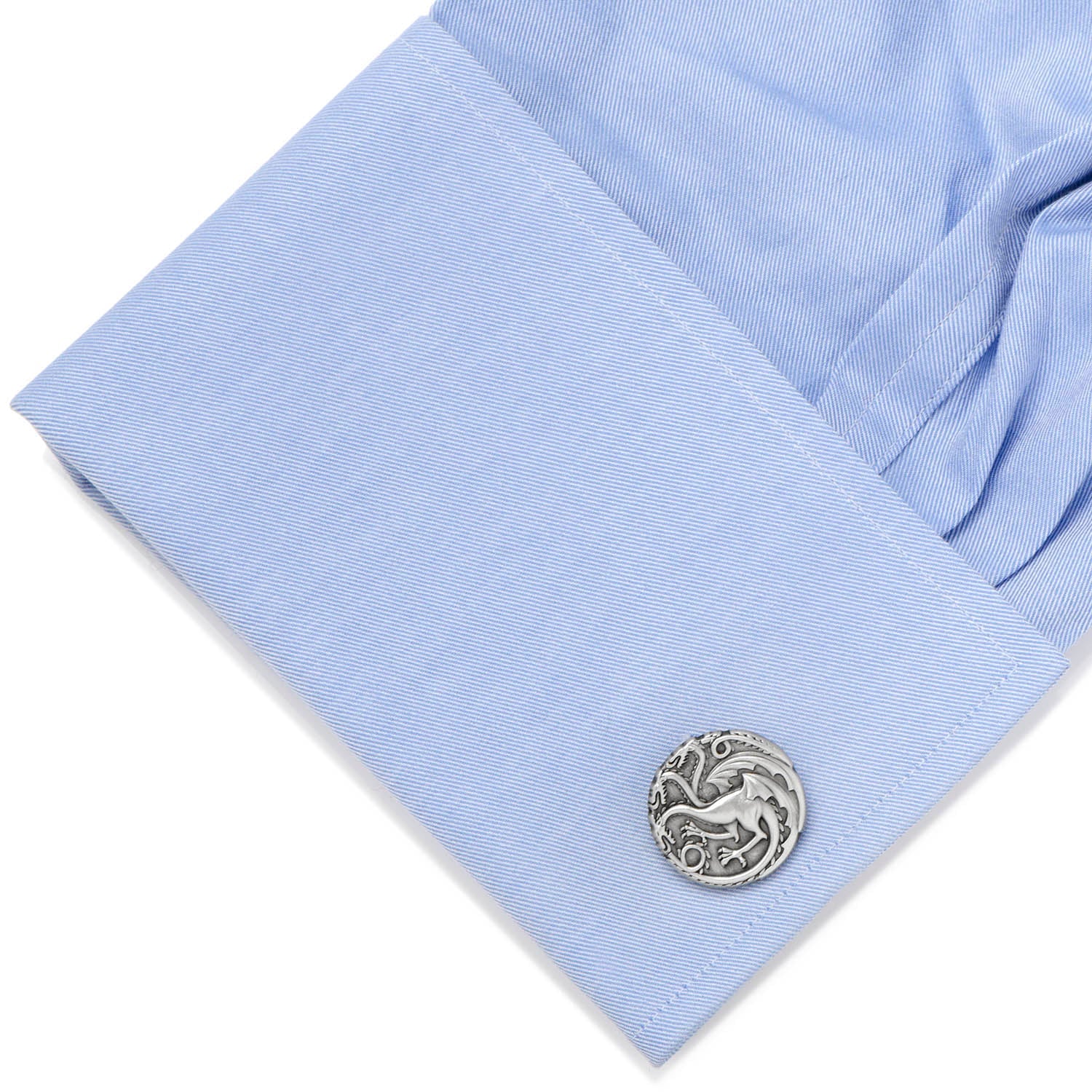 Game of Thrones Targaryen Three Headed Dragon Sigil Cufflinks by Cufflinks.com; one cufflink features the raised dragon sigil, while the other displays the show's logo with subtle copyright text below.